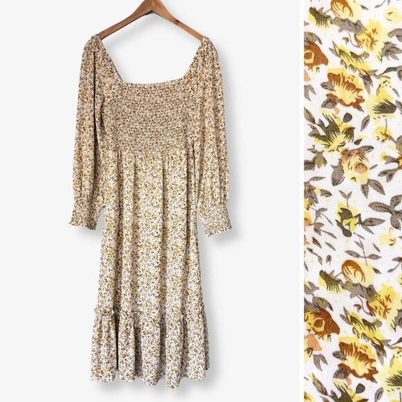 Promesa Floral Butter Yellow Smocked Midi Dress Womens Small Boho Cottagecore - Picture 1 of 16